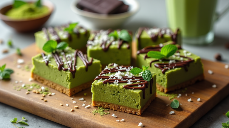 A plate of Keto Matcha Mint Bars topped with dark chocolate drizzle and coconut flakes.