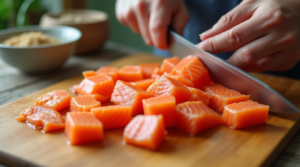 Hands cutting fresh salmon into bite-sized cubes on a wooden cutting board, with seasonings in the background.