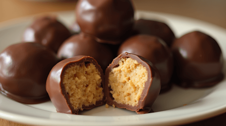 Homemade Butterfinger Balls with chocolate coating and peanut butter filling displayed on a plate.