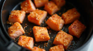 Salmon bites arranged in an air fryer basket, beginning to crisp up at 400°F.
