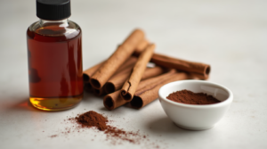 Vanilla extract, cinnamon sticks, cocoa powder, and espresso powder on a neutral background
