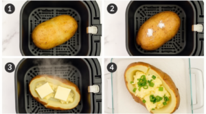 A step-by-step guide to making an air fryer baked potato, from seasoning to the final crispy result.