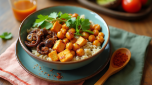 A vegan hot honey bowl with crispy tofu, quinoa, chickpeas, and a drizzle of agave nectar.