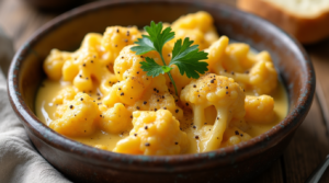 A creamy vegan cauliflower cheese dish made with cashew cream and nutritional yeast, garnished with fresh parsley.