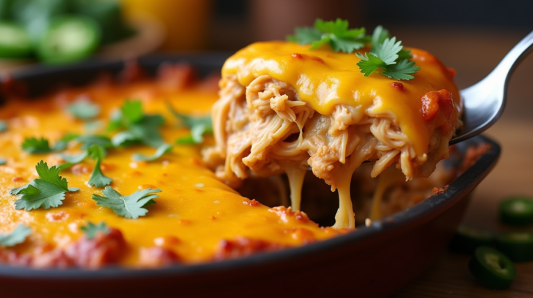 A freshly baked King Ranch Casserole with a golden cheesy top, served in a rustic dish with fresh cilantro garnish.