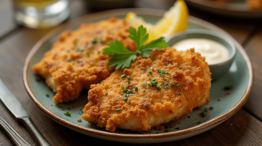 Crispy Garlic Parmesan Chicken Recipe served on a plate with fresh parsley and a side of dipping sauce.