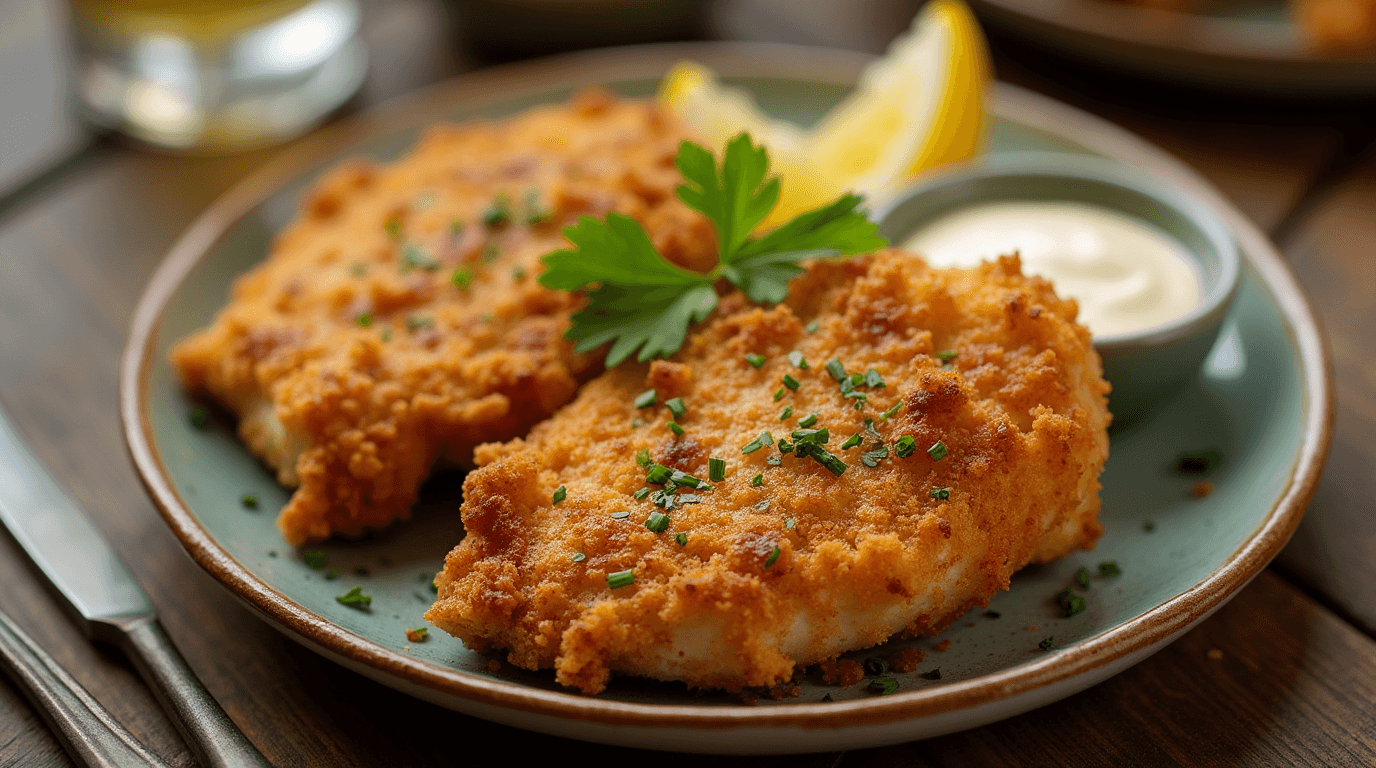 Garlic Parmesan Chicken Recipe Crispy Garlic Parmesan Chicken Recipe served on a plate with fresh parsley and a side of dipping sauce.