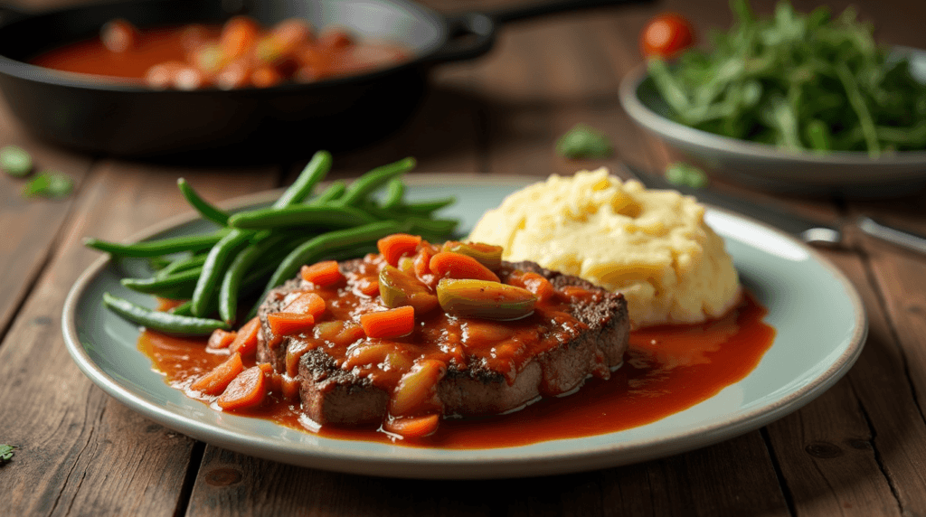 A plate of Swiss Steak Recipe with tomato sauce, onions, bell peppers, and carrots, served with mashed potatoes and green beans on a rustic wooden table.
