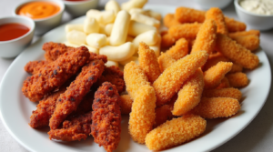 Spicy, keto-friendly, and classic Crack Chicken Tenders served on a divided plate with dipping sauces.