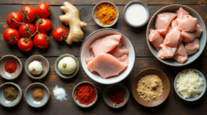 A variety of fresh ingredients and spices used to make Chicken Tikka Masala, including chicken, tomatoes, and garam masala.