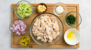 A top-down view of fresh ingredients for Dill Pickle Chicken Salad, including shredded chicken, dill pickles, celery, red onion, fresh dill, mayo, Dijon mustard, and pickle juice.
