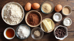 Flat-lay of keto brownie ingredients, including almond flour, cocoa powder, eggs, butter, and sweetener