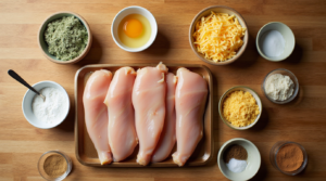 Raw chicken tenders, ranch seasoning, cheese, eggs, flour, breadcrumbs, and seasonings laid out for cooking.