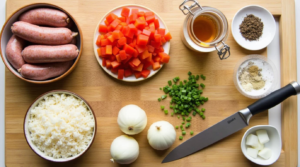 A wooden cutting board with raw sausage, rice, chopped vegetables, and seasonings neatly arranged.