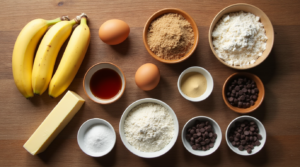 Ingredients for Chocolate Chip Banana Bread Cookies, including bananas, butter, sugar, eggs, vanilla, flour, baking soda, cornstarch, and chocolate chips.