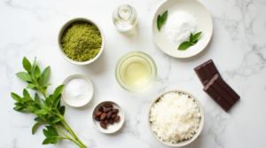 A collection of ingredients for Keto Matcha Mint Bars, including matcha powder, almond flour, and coconut oil.