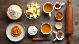 Keto pumpkin pie ingredients, including almond flour, butter, eggs, sweetener, vanilla extract, pumpkin purée, and spices, arranged on a rustic counter.