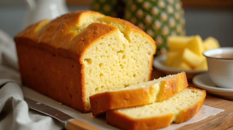 Pineapple Bread Recipe bread loaf sliced open on a wooden counter.