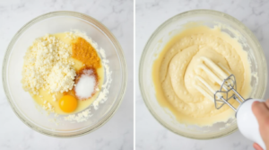 Creamy cheesecake batter being mixed in a glass bowl using a hand mixer
