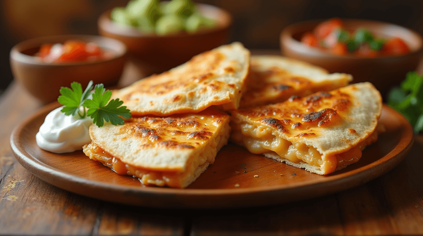 Chicken Quesadilla Recipe Crispy chicken quesadilla Recipes slices with melted cheese and a side of guacamole.
