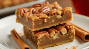 A pecan pie bar with a maple glaze and a sprinkle of cinnamon for extra warmth and flavor.