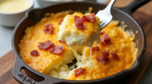 A keto-friendly cauliflower cheese dish with extra cheese and crispy bacon, served in a cast-iron skillet.