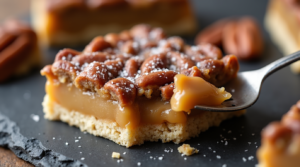 A keto pecan pie bar made with almond flour and monk fruit sweetener, perfect for low-carb diets.