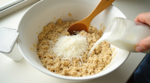 A mixing bowl with shredded coconut, almond flour, and other keto-friendly ingredients being combined.