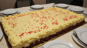 Texas Sheet Cake at a party, ready to be served.
