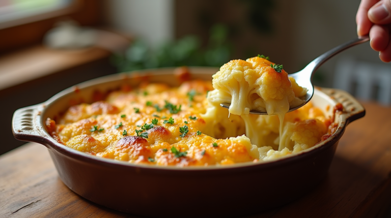 A freshly baked dish of cauliflower cheese with a golden, bubbly cheese crust served in a rustic baking dish