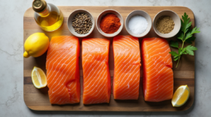 Fresh salmon fillets with small bowls of spices, olive oil, lemon wedges, and parsley on a wooden board.