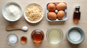 A flat lay of keto-friendly ingredients, including coconut, almond flour, eggs, and sweetener.