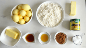 Pineapple bread ingredients including flour, sugar, eggs, butter, and crushed pineapple.