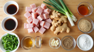 A flat-lay image showing raw chicken, soy sauce, honey, garlic, ginger, and other ingredients for sesame chicken.