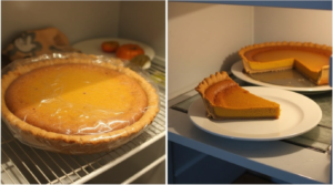 A keto pumpkin pie wrapped in plastic for storage in the fridge, with a slice being reheated in the microwave.