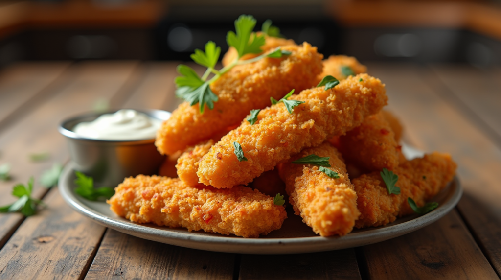 Golden, crispy Crack Chicken Tenders served with ranch dipping sauce on a rustic plate.
