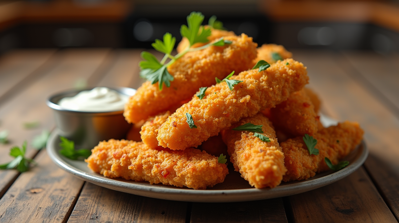 Golden, crispy Crack Chicken Tenders served with ranch dipping sauce on a rustic plate.