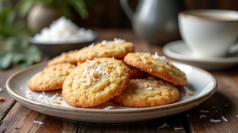 A plate of golden brown Keto Coconut Cookies with shredded coconut on top, placed on a rustic wooden table.