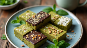 A beautifully plated serving of Keto Matcha Mint Bars with various toppings, including chocolate drizzle and coconut flakes.