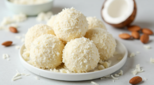 A plate of keto coconut fat bombs coated in shredded coconut, arranged with almonds and coconut flakes.