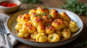 A spicy cauliflower cheese dish with chili flakes, paprika, and thyme, baked to perfection.