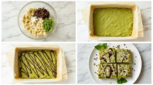 A collage of images showing the process of making Keto Matcha Mint Bars, from mixing to drizzling chocolate.