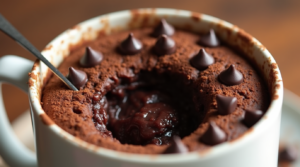 A keto chocolate mug cake in a white mug with a spoon revealing its fudgy center.