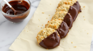 Keto Coconut Cookies dipped in sugar-free chocolate, placed on parchment paper.