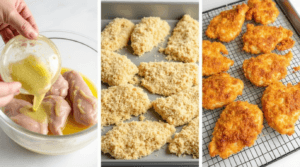 Step-by-step process of making Garlic Parmesan Chicken Recipe, from coating the chicken to cooking it to crispy perfection