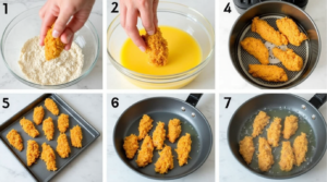 Process of coating Crack Chicken Tenders in flour, egg, and breadcrumbs, followed by baking, air frying, and deep frying.