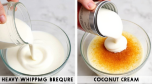 Heavy cream and coconut cream as dairy options for keto crème brûlée.