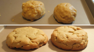 Side-by-side comparison of chilled and non-chilled cookie dough and their baked results.