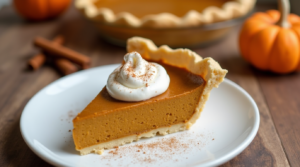 A slice of keto pumpkin pie topped with whipped cream and cinnamon, ready to be enjoyed.