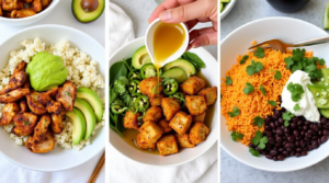 Different versions of hot honey chicken bowls, including keto, vegetarian, and Mexican-style options.
